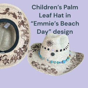 Children’s Hat. Biggs Crown Palm Leaf Cowboy Hat in “Emmie’s Beach Day” design
